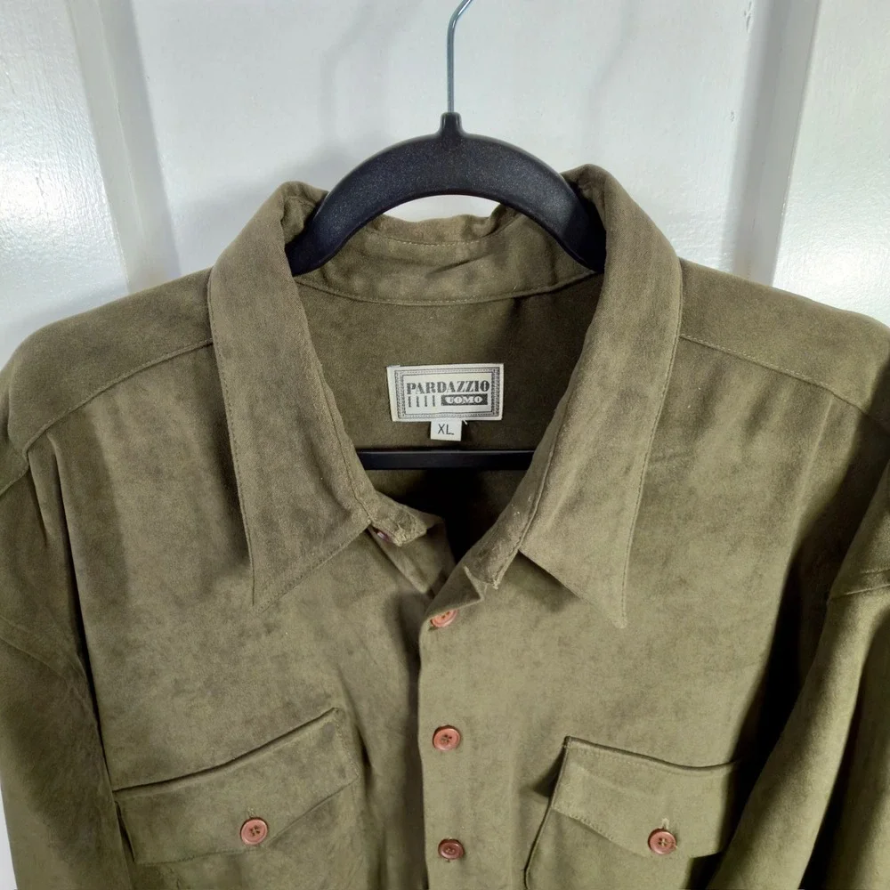 Pardazzo Uomo Suede Feel Button Down Shirt Olive Green Size XL‎